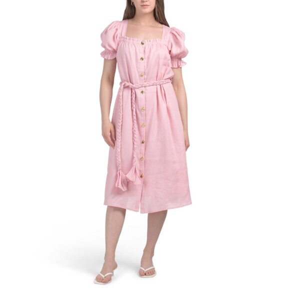 ENGLISH FACTORY Pink Linen Dress With Tie Belt